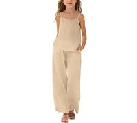 Mädchen Kleidung Leinen Rundhals Ärmellos Tshirt Lang Hose Zweiteiler Set Kinder mit Trägern Sommer Casual Sport Tanktop Outfit Elegant Bekleidungssets Bequem Trainingsanzug (Khaki-4, 9-10 Years)