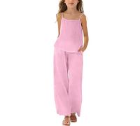 Mädchen Kleidung Leinen Rundhals Ärmellos Tshirt Lang Hose Zweiteiler Set Kinder mit Trägern Sommer Casual Sport Tanktop Outfit Elegant Bekleidungssets Bequem Trainingsanzug (Pink-4, 11-12 Years)