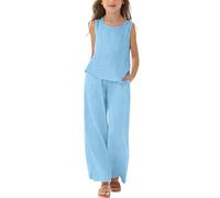 Mädchen Kleidung Leinen Rundhals Ärmellos Tshirt Lang Hose Zweiteiler Set Kinder mit Trägern Sommer Casual Sport Tanktop Outfit Elegant Bekleidungssets Bequem Trainingsanzug (Blue-2, 13-14 Years)