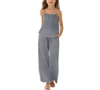 Mädchen Kleidung Leinen Rundhals Ärmellos Tshirt Lang Hose Zweiteiler Set Kinder mit Trägern Sommer Casual Sport Tanktop Outfit Elegant Bekleidungssets Bequem Trainingsanzug (Grey-4, 9-10 Years)
