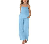 Mädchen Kleidung Leinen Rundhals Ärmellos Tshirt Lang Hose Zweiteiler Set Kinder mit Trägern Sommer Casual Sport Tanktop Outfit Elegant Bekleidungssets Bequem Trainingsanzug (Blue-4, 11-12 Years)