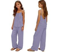 Mädchen Kleidung Leinen Rundhals Ärmellos Tshirt Lang Hose Zweiteiler Set Kinder mit Trägern Sommer Casual Sport Tanktop Outfit Elegant Bekleidungssets Bequem Trainingsanzug (Purple-1, 3-4 Years)
