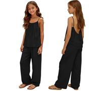 Mädchen Kleidung Leinen Rundhals Ärmellos Tshirt Lang Hose Zweiteiler Set Kinder mit Trägern Sommer Casual Sport Tanktop Outfit Elegant Bekleidungssets Bequem Trainingsanzug (Black-1, 7-8 Years)