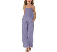 Mädchen Kleidung Leinen Rundhals Ärmellos Tshirt Lang Hose Zweiteiler Set Kinder mit Trägern Sommer Casual Sport Tanktop Outfit Elegant Bekleidungssets Bequem Trainingsanzug (Purple-4, 13-14 Years)