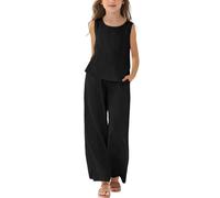 Mädchen Kleidung Leinen Rundhals Ärmellos Tshirt Lang Hose Zweiteiler Set Kinder mit Trägern Sommer Casual Sport Tanktop Outfit Elegant Bekleidungssets Bequem Trainingsanzug (Black-2, 3-4 Years)