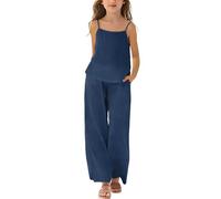 Mädchen Kleidung Leinen Rundhals Ärmellos Tshirt Lang Hose Zweiteiler Set Kinder mit Trägern Sommer Casual Sport Tanktop Outfit Elegant Bekleidungssets Bequem Trainingsanzug (Navy-4, 3-4 Years)