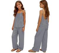 Mädchen Kleidung Leinen Rundhals Ärmellos Tshirt Lang Hose Zweiteiler Set Kinder mit Trägern Sommer Casual Sport Tanktop Outfit Elegant Bekleidungssets Bequem Trainingsanzug (Grey-1, 11-12 Years)