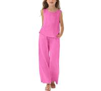 Mädchen Kleidung Leinen Rundhals Ärmellos Tshirt Lang Hose Zweiteiler Set Kinder mit Trägern Sommer Casual Sport Tanktop Outfit Elegant Bekleidungssets Bequem Trainingsanzug (Hot Pink-2, 5-6 Years)