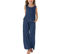 Mädchen Kleidung Leinen Rundhals Ärmellos Tshirt Lang Hose Zweiteiler Set Kinder mit Trägern Sommer Casual Sport Tanktop Outfit Elegant Bekleidungssets Bequem Trainingsanzug (Navy-2, 3-4 Years)