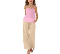 Mädchen Kleidung Leinen Rundhals Ärmellos Tshirt Lang Hose Zweiteiler Set Kinder mit Trägern Sommer Casual Sport Tanktop Outfit Elegant Bekleidungssets Bequem Trainingsanzug (Pink-3, 11-12 Years)
