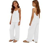 Mädchen Kleidung Leinen Rundhals Ärmellos Tshirt Lang Hose Zweiteiler Set Kinder mit Trägern Sommer Casual Sport Tanktop Outfit Elegant Bekleidungssets Bequem Trainingsanzug (White-1, 9-10 Years)