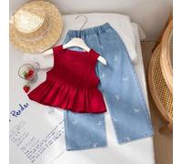 Mädchen Kleinkind Sommer Geripptes Tank Top im koreanischen Stil, süßes ärmelloses Shirt mit Schmetterlingsstickerei und weite gerade Jeanshose, 2 Stü