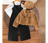 Mädchen Kleinkind umkehrbarer gerippter Herz Jacquard Fleece Cardigan mit Kragen + Hut Accessoire Set + schwarzer strukturierter Jumpsuit, geeignet fü