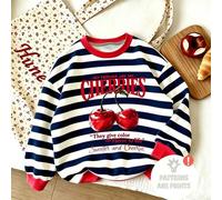 Mädchen Lässig Gestreiftes Rundhals Sweatshirt, süßer Kirschen-Buchstaben-Muster Langarm Pullover Top, Kinder locker bequem tägliches Rundhals Top, Co