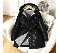 Mädchen Lässige Kapuzenjacke in mittlerer Länge mit Thermofutter, dickem schwarzem PU-Leder, geraffter Taille, seitlichen Schrägtaschen, grauem Thermo