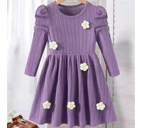 Mädchen Lässiges, süßes kurzes, einfarbiges, strukturiertes Strickkleid mit Blumenmuster und Rundhalsausschnitt, Raglanärmeln, taillierter Passform, S