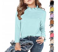 Mädchen Langarmshirt Rüschen Baumwolle Rundhals Weich Longsleeve Tshirt Kinder Atmungsaktiv Figurbetont Pullover Blusen Basic-Tops Teenager Langarm Rollkragen (Light Blue, 9-10 Years)