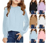 Mädchen Langarmshirts Rüschenmanschetten Chiffon Sommer-Shirt Teen Kinder Schule Slim Einfarbige Rundhals Langarmhemd Elegant Casual Atmungsaktiv Trendy Bluse Tops (Pink, 9-10 Years)