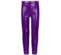 Mädchen-Leggings für Kinder, glänzende Meerjungfrauen, metallische Fischschuppen, dehnbar, Skiny, Disco-Leggings, Hose, Größe 5-13 Jahre, violett, 5-6 Jahre