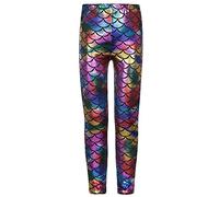 Mädchen-Leggings für Kinder, glänzende Meerjungfrauen, metallische Fischschuppen, dehnbar, Skiny, Disco-Leggings, Hose, Größe 5-13 Jahre, Mehrfarbig, Regenbogenfarben, 9-10 Jahre