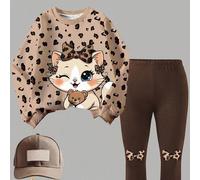 Mädchen Leoparden 2-teiliges Outfit 4-7 Jahre alt Cartoon Katzen Bären Muster Rundhals Sweatshirt Schleife Dekoration Leggings Lässig Baby Herbst Wint