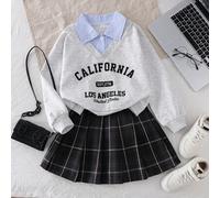 Mädchen modische lässige Bluse mit Kragen + gestreifter karierter vielseitiger A-Linien Rock, Preppy-Style