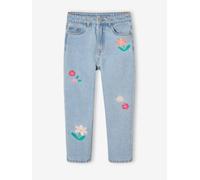 Mädchen Mom-Fit-Jeans mit Blumenstickerei, Bundweite verstellbar helles blau Gr. 98/104 von vertbaudet
