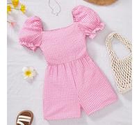 Mädchen-Overall mit Karomuster, quadratischem Ausschnitt, lässig, kurzärmelig, karierter Strampler für Mädchen, rosa Gingham-Strampler, Sommer-Strampl