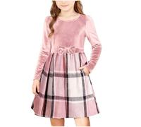 Mädchen Partykleid Langarm Samtkleid Kariert Patchwork Gürtel Winterkleider mit Tasche Prinzessin Kleider Brautjungfer Hochzeitskleid Geburtstag besondere Anlässe Festival für 4-11 Jahre, G Pink, 4
