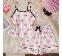 Mädchen-Pyjama, weiß mit rosa SchleifenMuster, bequemes weiches Satin-Stoff Camisole-Top und Shorts, 2 Stücke Loungewear-Set