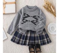 Mädchen Schleife Jacquard Rundhals Pullover, High Street Vintage locker weich gestrickter Cardigan, roter karierter Faltenrock, Halloween Weihnachten