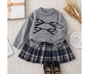 Mädchen Schleife Jacquard Rundhals Pullover, High Street Vintage locker weich gestrickter Cardigan, roter karierter Faltenrock, Halloween Weihnachten
