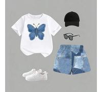 Mädchen Schmetterling Muster Kurzarm T-Shirt und Jeans Muster Shorts Set, Sommer Neu Lässig 2-teiliges Outfit, modische Kinderkleidung, geeignet für S