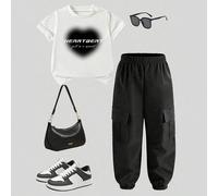Mädchen Set aus Herz-Muster Sweatshirt mit Rundhalsausschnitt und Cargohose