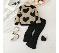 Mädchen Set aus Sweatshirt mit Herz-Muster und weicher, einfarbiger Schlaghose, Herbst/Winter