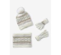 Mädchen Set: Mütze, Rundschal & Handschuhe mit Jacquardmuster & goldenen Details wollweiß Gr. 86/98 von vertbaudet