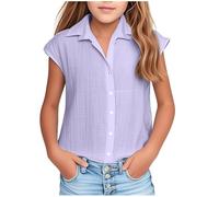Mädchen Shirt Lose Bluse V-Ausschnitt Atmungsaktive T-Shirt Button Down Longbluse Kurzarm Einfarbig Leichte Cardigan Top Girls Sommer Freizeit Blusen Kinder und Teenager Black Friday Angebote