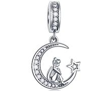 Mädchen sitzend auf Halbmond Mond Anhänger Charms, fit Pandora Halskette Armband, 925 Sterling Silber Girl Mondsichel Moon CZ Sternenhimmel Perlen, Geschenke für Tochter/Schwester/Muttertag