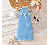 Mädchen Sommer ärmelloses Kleid, weiches Material, bequemer Stoff, geeignet für 8-12 Jahre alt, inklusive Umhängetasche Accessoire mit Quasten Dekor