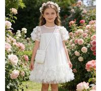 Mädchen Sommer Leichtes Mesh Patchwork 3D Blumen Mode Prinzessinnenkleid mit Umhängetasche, lockeres süßes niedliches Kleid, leicht transparent, kann