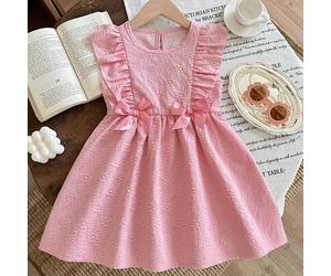 Mädchen Sommer Rosa Jacquard Kleid mit Rüschenärmeln, Schleifendekor, Prinzessin Stil Ballonrock, Europäischer Palast Stil Kinderkleid, Baby Geburtsta