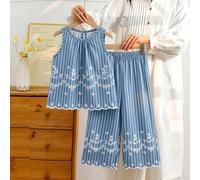 Mädchen Sommer Schwarz & Weiß elegantes vertikal gestreiftes Blumen-besticktes ärmelloses Top und weite Hose Set, geeignet für tägliche Ausflüge, Läss