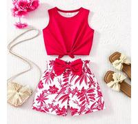 Mädchen Sommer Tropischer Regenwald Stil Neues 2-teiliges Set, Strickstoff Grün Einfarbig Ärmelloses Tanktop mit verspieltem Front-Bindedesign, frisch