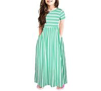 Mädchen Sommerkleid Kurzarm Baumwolle Streifen Blumenmuster Freizeitkleid Kinder A-Linie Gestreiftes Kleid für Alltag Schule Urlaub Party Outfits Blau Rot 1-10 Jahre Kinderkleid