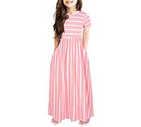 Mädchen Sommerkleid Kurzarm Baumwolle Streifen Blumenmuster Freizeitkleid Kinder A-Linie Gestreiftes Kleid für Alltag Schule Urlaub Party Outfits Blau Rot 1-10 Jahre Kinderkleid