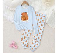 Mädchen Süß & Elegant Lässig Bequem Täglich Capybara Cartoon Graffiti Muster Rundhals Strick Dehnbar Stoff Eng Anliegend Langarm Top und Hose 2-teilig