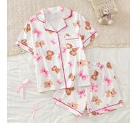 Mädchen süß, niedlich, elegant, lässig, bequem, weich, atmungsaktiv, Cartoon Schleife & Bär Muster Strick Stoff Cardigan Kurzarm Top und Shorts Pyjama
