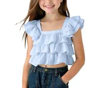 Mädchen-T-Shirt, gerüscht, bauchfreies Top, Kinder, kurzärmelig, bequem, Sommer, Cartoon, Rundhalsausschnitt, niedliches T-Shirt, Sport, lockere Schultunika, Tops für 2-13 Jahre, A Blau, 12-13 Jahre