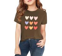 Mädchen T-Shirt Herzen Druck Baumwolle Kurzarm Farben Kinder Teenager Mädchen Rundhals Shirts Tops Basic Kurzarm Tshirt Rundhals Ärmel Top einfarbig Tee mit Oberteil (Coffee-B, 12-13 Years)