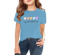 Mädchen T-Shirt Herzen Druck Baumwolle Kurzarm Farben Kinder Teenager Mädchen Rundhals Shirts Tops Basic Kurzarm Tshirt Rundhals Ärmel Top einfarbig Tee mit Oberteil (Light Blue-A, 3-4 Years)